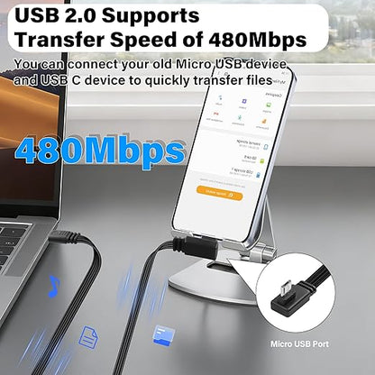 Flexible USB Type-C to Micro USB Cable,90 Degree Micro 5pin to USB C Flat Data Cable,Type C-to-Micro Short Flat Cable Supporting Charging& DataTransfer,for Phone,Camera,Laptop-30CM(Left)
