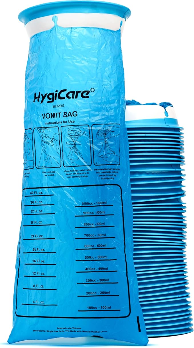 50 Count Vomit Bags, 1180mL, Portable, Leak Resistant, Medical Grade, Disposable, Barf, Puke, Throw Up, Emesis Bags, Ideal for Car, Sickness,Travel, Kids, Pregnant Women