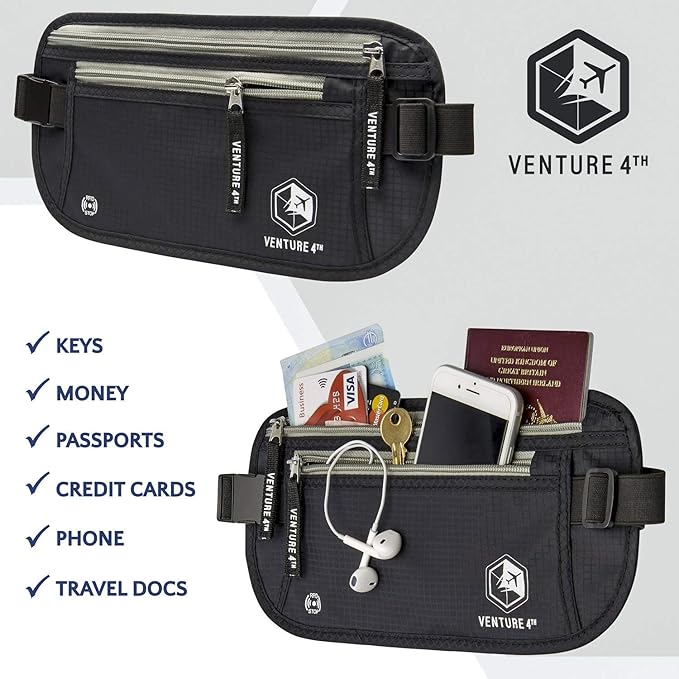 VENTURE 4TH Money Belt for Travel – Hidden Under-Clothes RFID Blocking Passport Holder & Slim Travel Wallet Pouch for Men & Women to Protect Cash, Cards & Documents (Black)