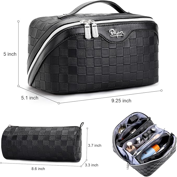 BOYATU Travel Makeup Bag Organizer Cosmetic Bag: 3 Pcs Set Make up Bags for Women with Handle - Waterproof Vegan Leather Toiletry Bags Travel Essentials Pouch with Compartments (01-Black)