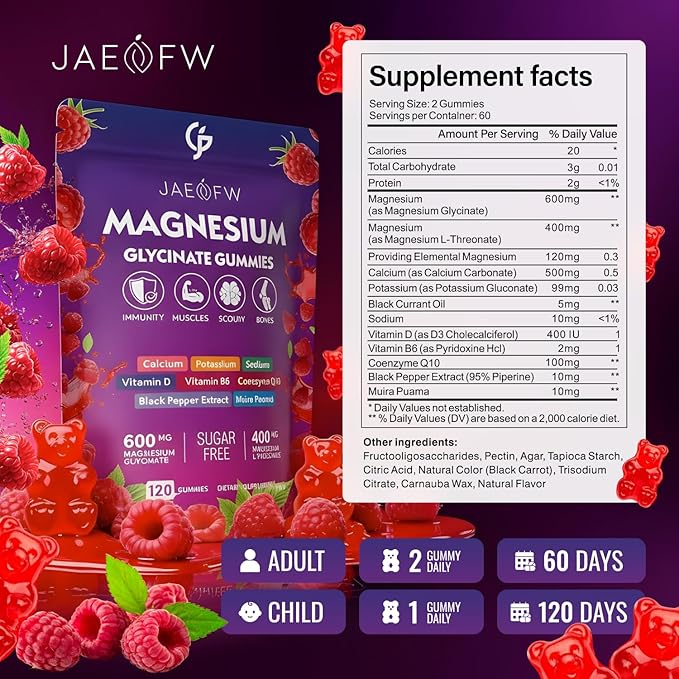 Magnesium Glycinate Gummies 1000mg – High Absorption Magnesium Complex with L-Threonate, CoQ10, Vitamin D3 & B6 for Adults & Kids – Promotes Energy Balance, Focus, and Muscle Function – Sugar Free 120