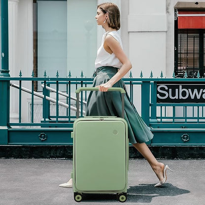 mixi Carry On Luggage Wide Handle Luxury Design Rolling Travel Suitcase PC Hardside with Aluminum Frame Hollow Spinner Wheels, with Cover, 20 inch, Avocado Green