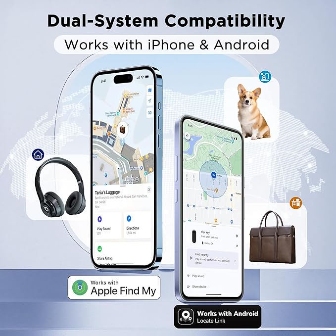 Item Finders Dual System Tracker[No Monthly Fee] Compatible with iOS and Android Air Tags Item Locator Help You Track Your Keys, Wallet, Luggage, Backpack and More(Batteries Not Included)