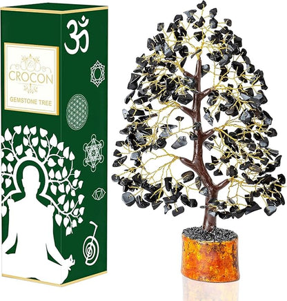 Black Tourmaline Gemstone Tree of Life - Crystal Tree for Positive Energy, Handmade Chakra Tree, Feng Shui Decor - Good Luck Gem Bonsai, Money Tree, Wealth & Prosperity, Spiritual Mystical Gift