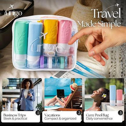 Unigo 30pack Full Set TSA Approved Travel Bottles, Travel Size Containers for Toiletries, Refillable Leakproof Travel Shampoo and Conditioner Bottles, Toiletry Containers,Extra Bottle Sleeves, (A-set)
