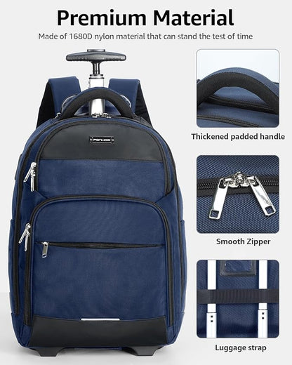 Rolling Backpack, 30L Travel Laptop Backpack with Wheels, 15.6 Inch Personal Item Roller Luggage with USB Charging Port Flight Approved for Men Women Adults, Blue