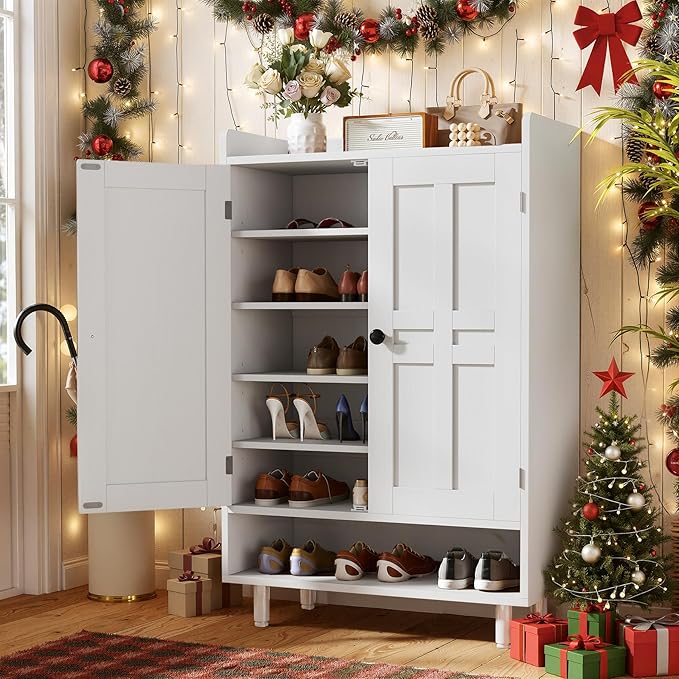 Entrance Shoe Cabinet with Doors,6-Tier Farmhouse Shoe Storage Organizer with Adjustable Shelves Holds 18-26 Pairs and Metal Legs, Entry Organizer Entryway, Living Room (White)
