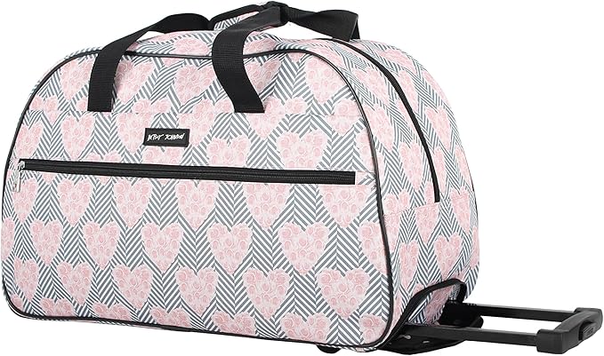 Betsey Johnson Designer Carry On Luggage Collection - Lightweight Pattern 22 Inch Duffel Bag- Weekender Overnight Business Travel Suitcase with 2- Rolling Wheels (CHEVRON HEARTS, One Size)