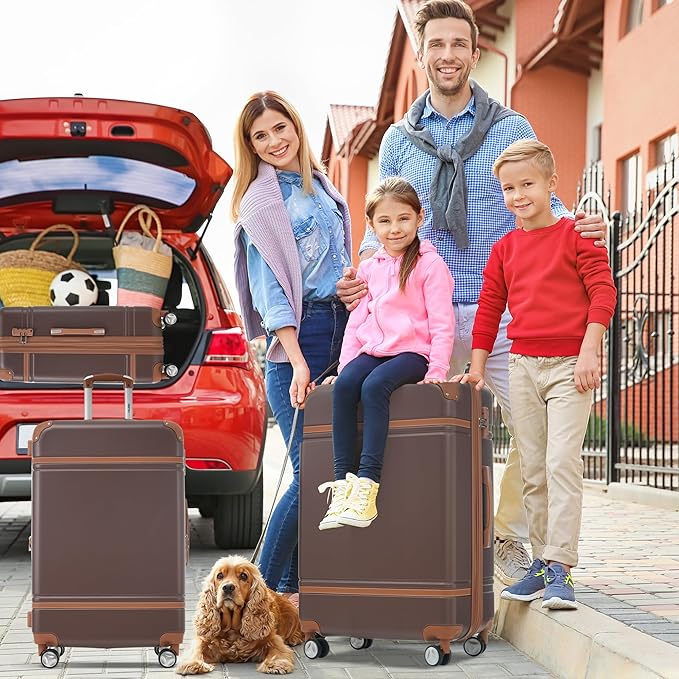 Merax Luggage Set, 3 Piece Luggage with Cosmetic Case, Vintage Hardcase Suitcase with Wheels, Expandable Luggage Airline Approved(Brown,20"+24"+28")