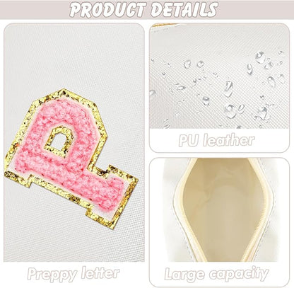 Initial Makeup Bag Personalized Preppy Travel Small Cosmetic Bag Cute PU White Chenille Letter Makeup Pouch for Purse Waterproof Zippered Toiletry Organizer for Women Girl Kid Friends (P)