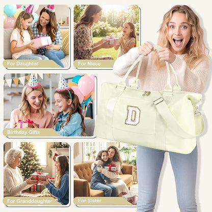Dance Gym Duffel Bag for Teen Girls, Personalized Initial Travel Weekender Bag,Cute Overnight Carry On Duffle for Women,Sports Travel Cheer Bag,Monogram Christmas Gifts for Tween Preppy(beige-D)