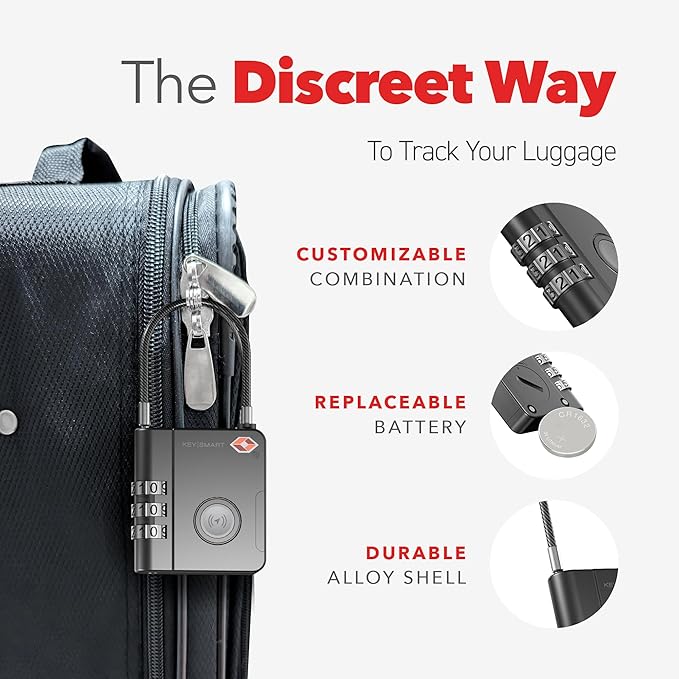 KeySmart SmartLock Tracking Luggage Locks, TSA Locks for Luggage, GPS Tracker, Combination Lock Compatible with Apple Find My App, Best Travel Essentials, Replaceable Non-Rechargeable Battery (1 Pack)