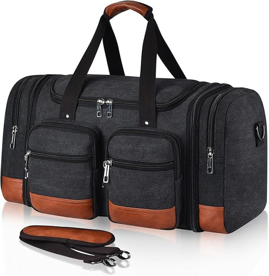 Canvas Duffle Bag For Travel, 50L Expandable Carry on Overnight Travel Duffel Bags with Laptop Compartments Weekend Gym Bag for Men(Black)