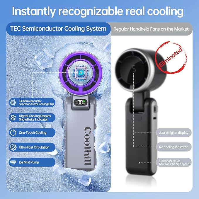 Handheld Portable Fan with Ice Cooler: 100-Speed 5500mAh Rechargeable Handheld Fan, 12H Time Hand Cooling Personal Fans with 20000 RPM Air Turbo Tech for Travel Outdoor