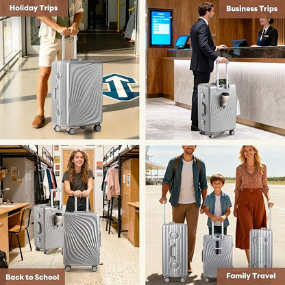 3-Piece Hardside Luggage Sets Aluminum Frame, 20+24+28 Inch Suitcases with USB Charging Port, Foldable Cup Holder, TSA Locks & Spinner Wheels for Travel, Silver