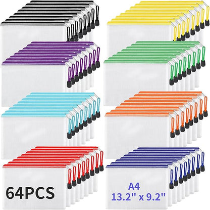 64pcs Mesh Zipper Pouch Bags, 8 Colors Reusable A4 Zipper Bags for Organizing Storage, Waterproof Zipper Pouches, Letter Size, Zipper File Bags for Office Supplies, School, Toys,Puzzle