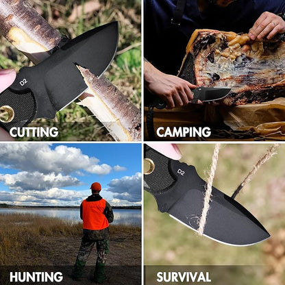 FLISSA Fixed Blade Knife, 7 Inch Full Tang Hunting Knife with Kydex Sheath and Emergency Rope, Tactical Knife with G10 Handle for Survival, Camping, Hiking(Black)