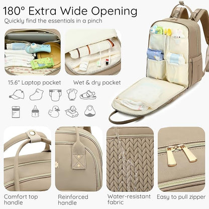 Diaper Bag Backpack - Large Multi functional, Boys, Girls & Baby Travel Essentials Tote with Changing Pad, Insulated Pockets, Stroller Straps, Waterproof - Diaper Bag for Mom & Maternity (Brown Taupe)