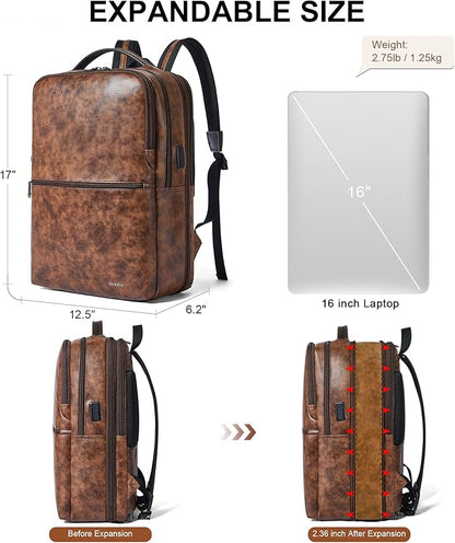 Shrrie Vegan Leather Laptop Backpack for Women&Men,16 Inch Expandable Backpack with USB Charging Port,Two-toned Brown