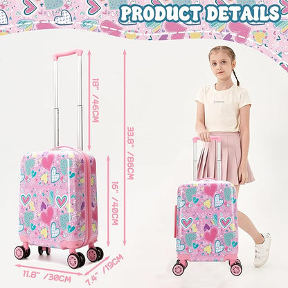 Kid's Luggage Set 16inch 2 Piece Suitcase Set Hardside Luggage with Spinner Wheels Girls Carry on Toddler Travel Rolling Suitcase with Neck Pillow Airline Approved