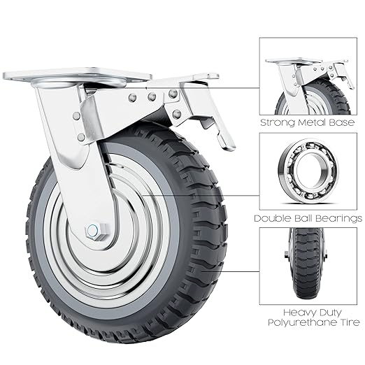 Houseables 8 Inch Caster Wheels, Large Caster Wheels, Heavy Duty Castors, Swivel Rubber Castor, Outdoor, Cart, Industrial, Replacement, Dolly, Off Road, All Terrain, Flat Free, Locking Brake, Set of 4