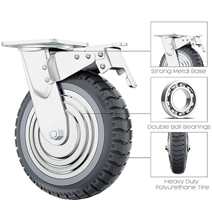 Houseables 8 Inch Caster Wheels, Large Caster Wheels, Heavy Duty Castors, Swivel Rubber Castor, Outdoor, Cart, Industrial, Replacement, Dolly, Off Road, All Terrain, Flat Free, Locking Brake, Set of 4
