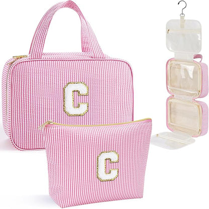 YOOLIFE Stocking Stuffers for Teen Girls Gifts Trendy Stuff - Hanging Initial Toiletry Bag for Women Teen Girls, Gifts for Mom Daughter Sister Friends, Letter C, Pink