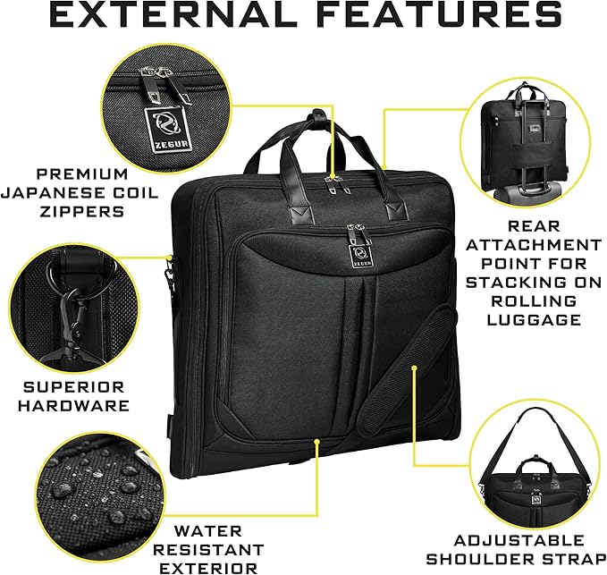 Premium Suit Garment Bag Carry On - Hangs 4 Suits - Travel & Business with Shoulder Strap and Laptop Compartment