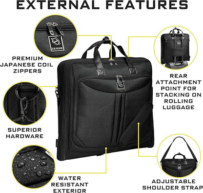 Premium Suit Garment Bag Carry On - Hangs 4 Suits - Travel & Business with Shoulder Strap and Laptop Compartment