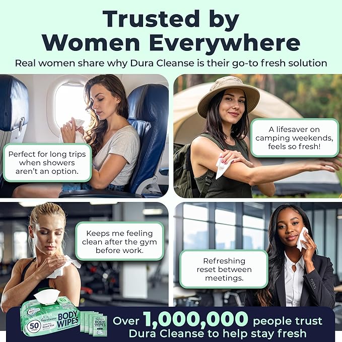 Body Wipes for Women, Extra Moist No Rinse Bathing – 50 XL Shower Cloths + 4 Travel Bath Sheets, 10" x 11.5" Disposable Washcloths for Women’s Hygiene and Post Workout Cleanup