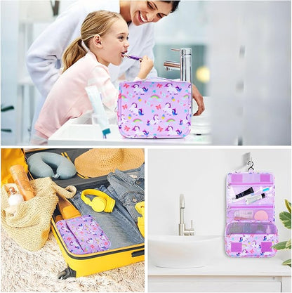 Kids Hanging Toiletry Bag for Girls, Travel Toiletry Bag for Little Young Girls Cosmetic Makeup Waterproof Wash Bag Toddler Traveling Toiletries, Unicorn Purple