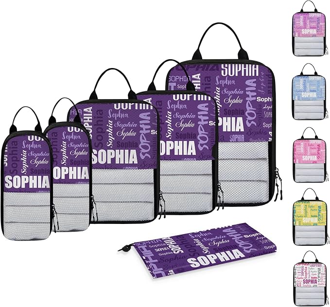 Personalized 6 Set Compression Packing Cubes for Travel Essentials with Name Customized Lightweight Carry on Expandable Luggage Organizer Bags for Women and Men, Purple