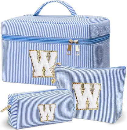 Personalized Monogram Makeup Bag, 3PCS Custom Monogrammed Toiletry Cosmetic Bag for 6-18 teen girls women,Birthday Graduation Gifts initial pouch makeup bags for women girls, make up bag (W, Blue)