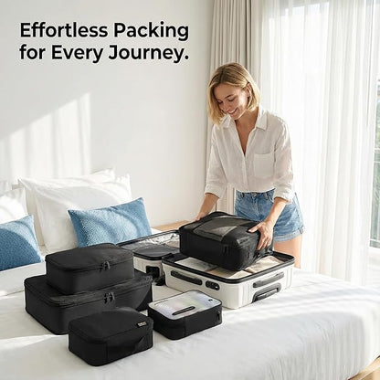 Compression Packing Cubes for Travel, 6-Piece Set (L/M/S), Double-Zip Luggage Organizers with Mesh Panels, Space-Saving Clothes Storage Bags for Suitcase & Carry-On (6 Pack, Jet Black)