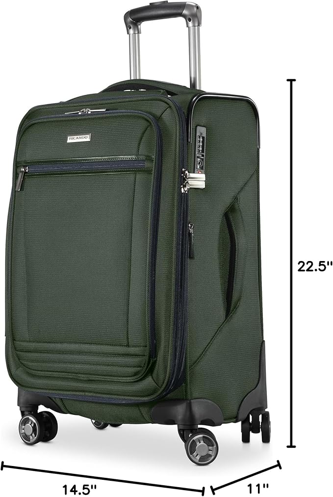 Ricardo Beverly Hills Avalon Softside Carry-On Luggage Made with Sustainable 100% Recycled PET (rPET), Lightweight, Eco-Friendly Travel, Expandable, Dual Spinner Wheels, Juniper Green, 20-inch