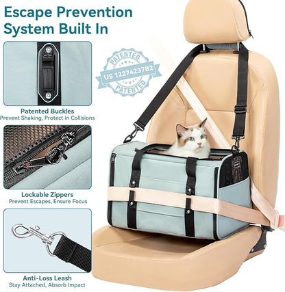 Petsfit 18 X 11 X 11 Airline Approved & Cat Car Carrier, with Patent Safety Buckles & Lockable Zippers Preventing Escapes, Breathable Mesh & Padded Mat — Portable, Stress-Free Travel Carrier