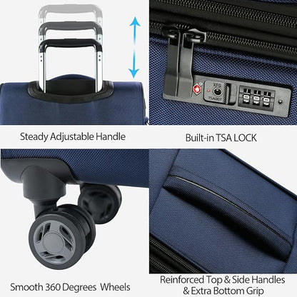 KROSER Softside Expandable Carry On Luggage with Front Business Pockets，20 Inch Suitcases with Spinner Wheels & Built-in TSA Lock, Durable Suitcase Rolling Luggage with USB Port, Navy