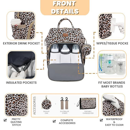 Diaper Bag Backpack with Changing Pad, Pacifier Case, Baby Bag for Boy Girl Toddler - Large, Stylish, Waterproof Travel Quilted Diaper Bag for Mom - Baby Shower - Cheetah