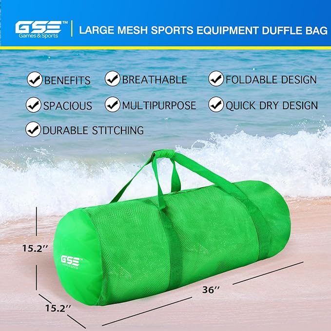 Green Heavy-Duty Large Mesh Sports Duffle Bag, Dry Bag, Diving Equipment Scuba Bag with Zipper. Great for Gym Workout, Sport Balls Storage, Scuba Gear, Snorkeling, Water Sports and Travel