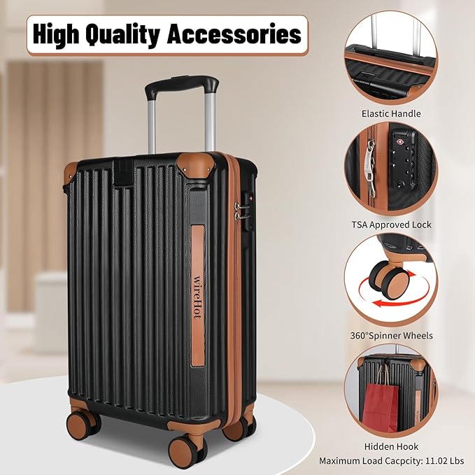 22x14x9 Airline Approved Vintage Style Carry On Luggage with Backpack Sets for Men, ABS+PC Hardshell Small 20 inch Retro Suitcase with Protective Cover & Tag (Black Brown, 20in/BP/TB)