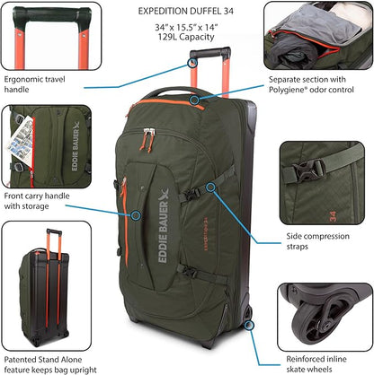 Eddie Bauer Expedition Rolling Duffel Bag with Wheels | Travel | Check-In | Luggage | Rugged | Durable - Dark Thyme, 34"
