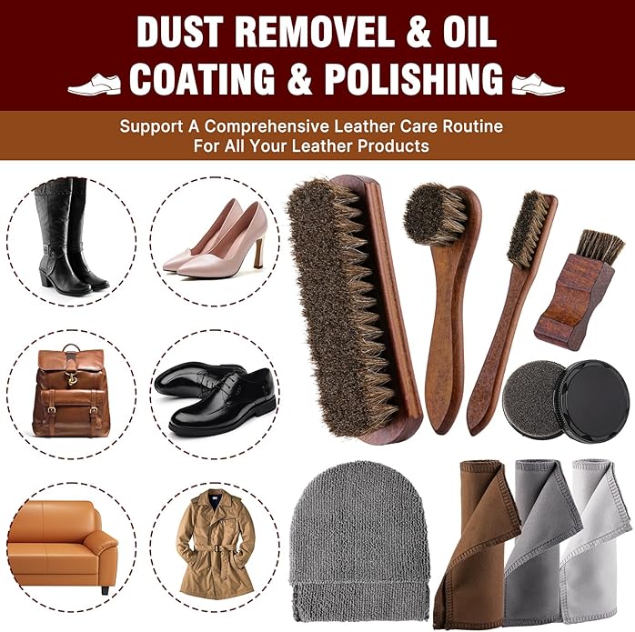 15-in-1 Shoe Shine Kit & Leather Polish Set with 4 Horsehair Brushes, Black Brown Neutral Wax, Mink Oil & 3 Cloths Shine Sponges Boot Care & Cleaning Gifts for Men Women with Portable Leather Case