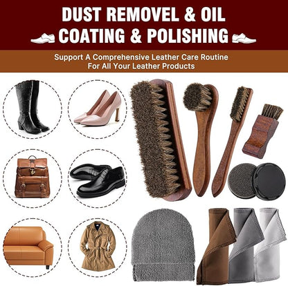 15-in-1 Shoe Shine Kit & Leather Polish Set with 4 Horsehair Brushes, Black Brown Neutral Wax, Mink Oil & 3 Cloths Shine Sponges Boot Care & Cleaning Gifts for Men Women with Portable Leather Case