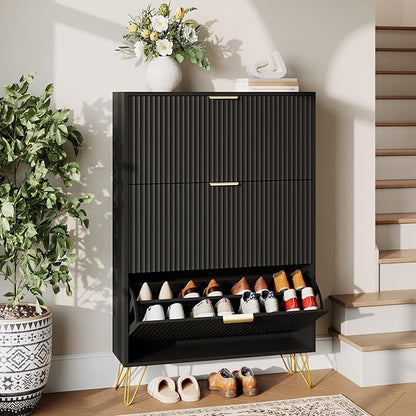 Shoe Storage Cabinet with 3 Flip Drawers, 31.5" W Fluted Shoe Cabinet for Entryway, Hidden Shoe Cabinet Storage, Narrow Free Standing Shoe Orgnaizer Rack Cabinet for Foyer Hallway, Black