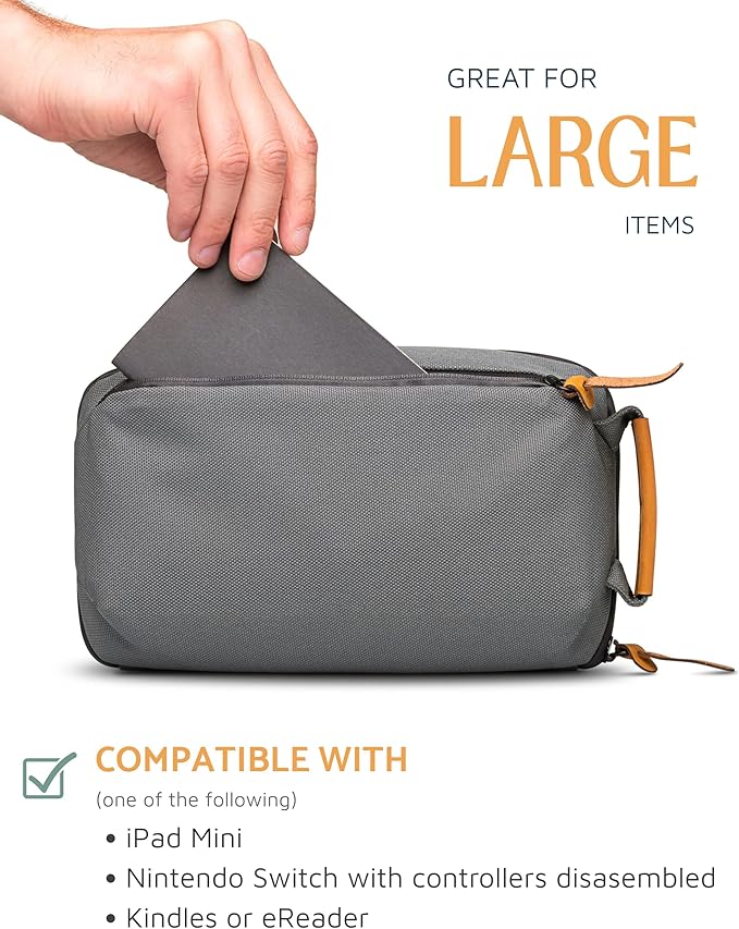 Tech Bag Organizer - Small Electronics Organizer Pouch for Travel - Premium Travel Case with Leather Accents - Mesh Pocket for Cables, Cords and Chargers (Grey)