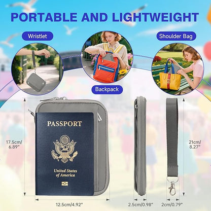 WALNEW Passport Holder for Travel - RFID Blocking Travel Wallet Essentials Organizer with Card Slots & Zipper Pocket (Women/Men), Gray
