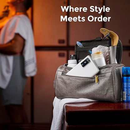 MINARAI-Mens Toiletry Bag with Razor Case– Premium Leather-Look Hygiene Bag for men with Wide-Open Access, Hanging Design, and Strong Structure– Built for Travel, Gym, and Everyday Organization– GREY
