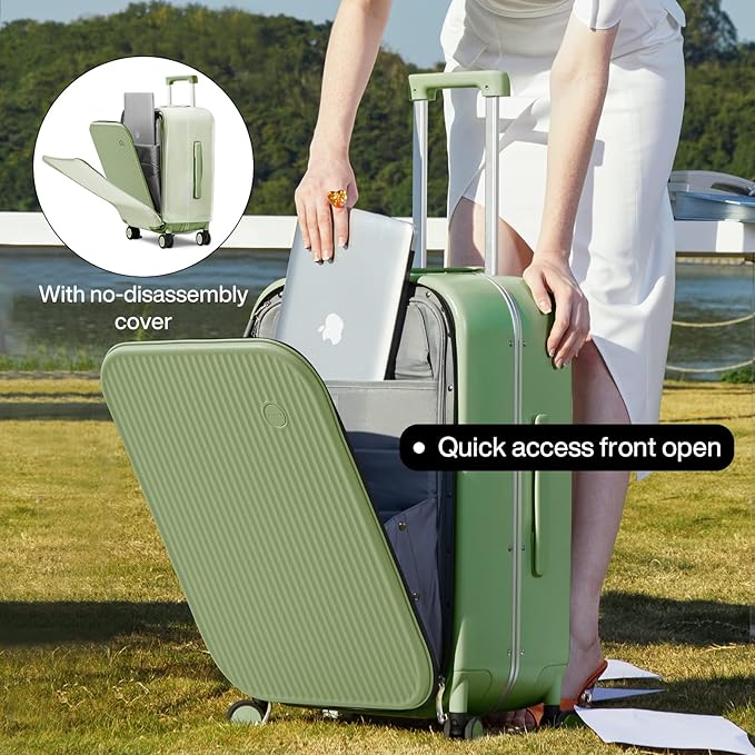 mixi Carry On Luggage, 20'' Suitcases with Spinner Wheels, Rolling Travel Suitcase with Front Laptop Pocket Luggage Aluminum Frame PC Hardside with TSA Lock and Cover, Avocado Green