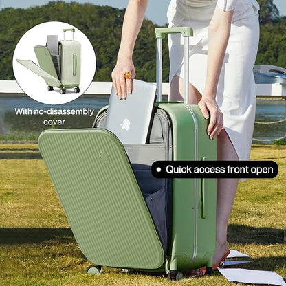 mixi Carry On Luggage, 20'' Suitcases with Spinner Wheels, Rolling Travel Suitcase with Front Laptop Pocket Luggage Aluminum Frame PC Hardside with TSA Lock and Cover, Avocado Green