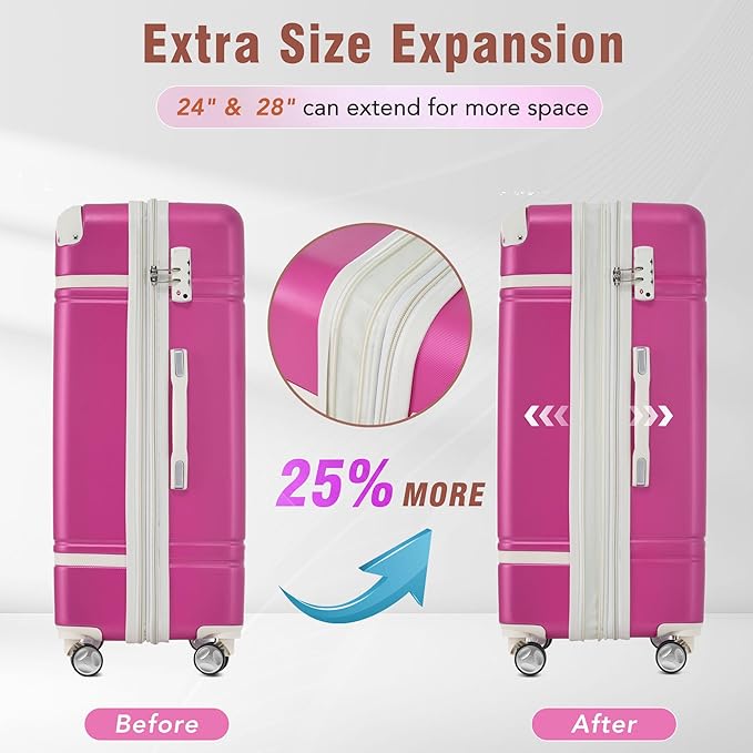 Merax Luggage Set 3 Piece Suitcase Set with 1 Cosmetic Case Expandable Spinner Wheels Vintage Luggage Sets(Pink,20"+24"+28")